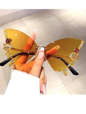 Sunglasses Butterfly Rhinestone Shades Glam Fantasy Fun Trendy Stylish Yellow